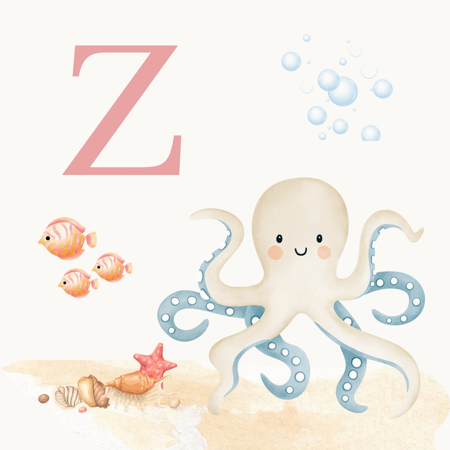 Octopus Coastal Alphabet Printable Art - Pink