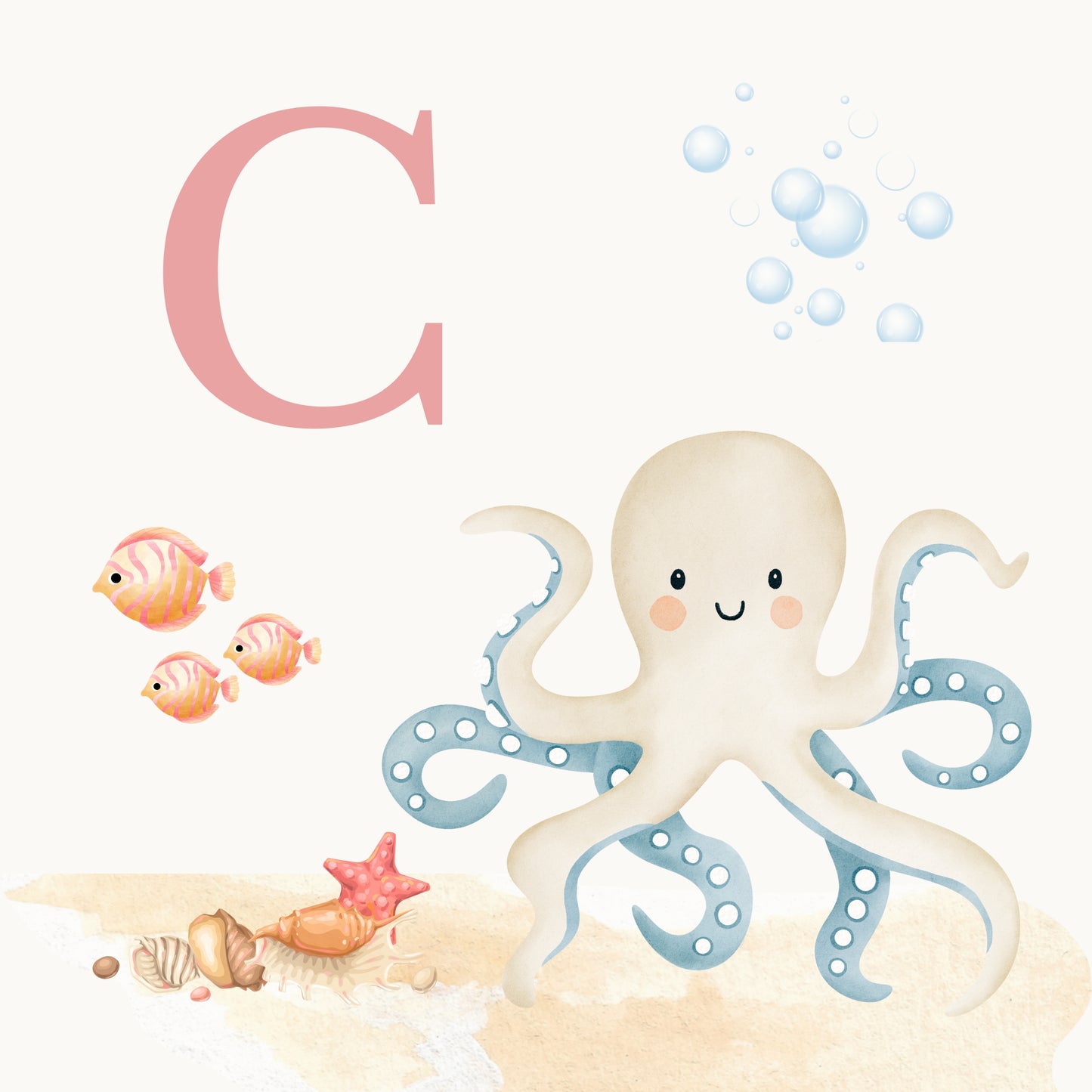 Octopus Coastal Alphabet Printable Art - Pink