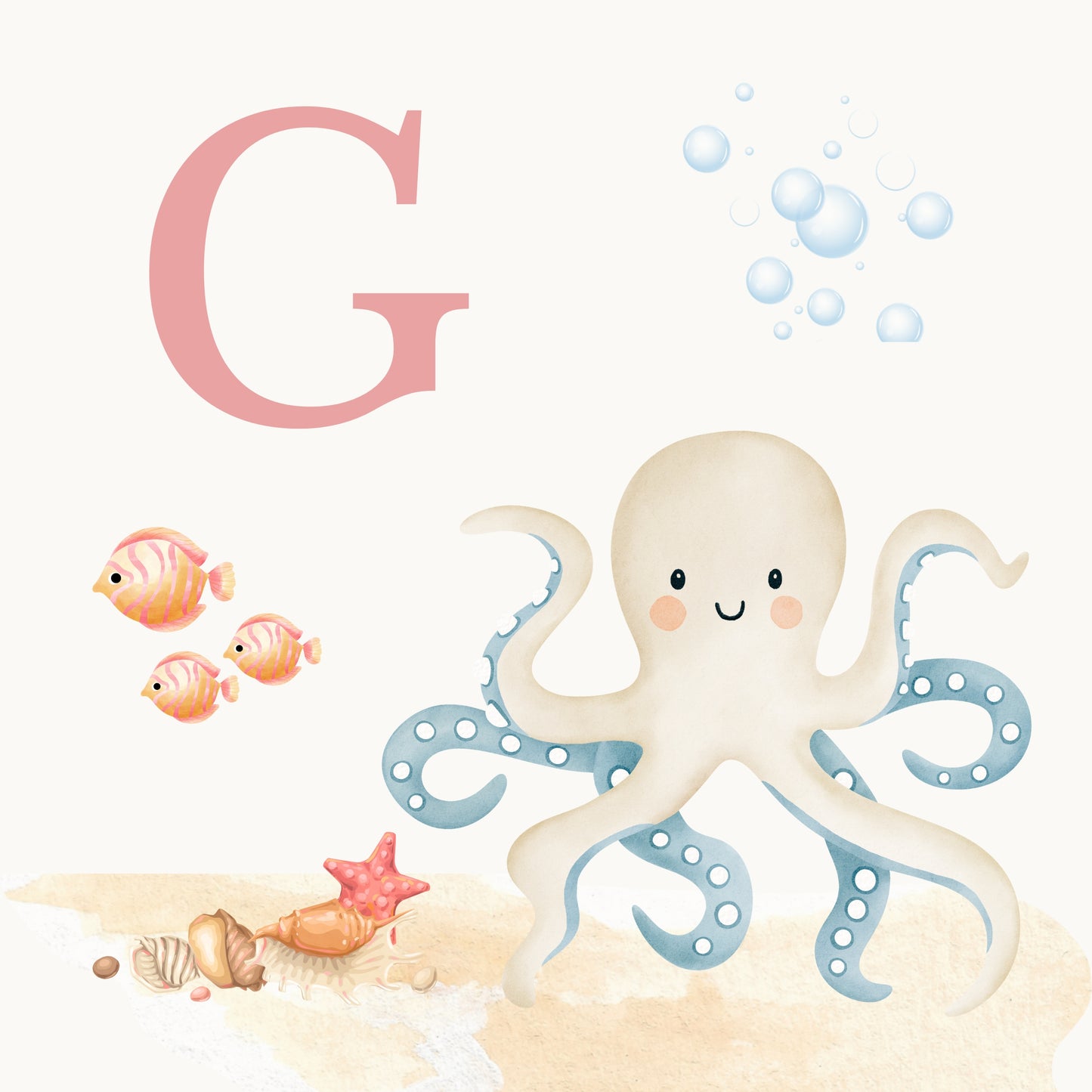 Octopus Coastal Alphabet Printable Art - Pink