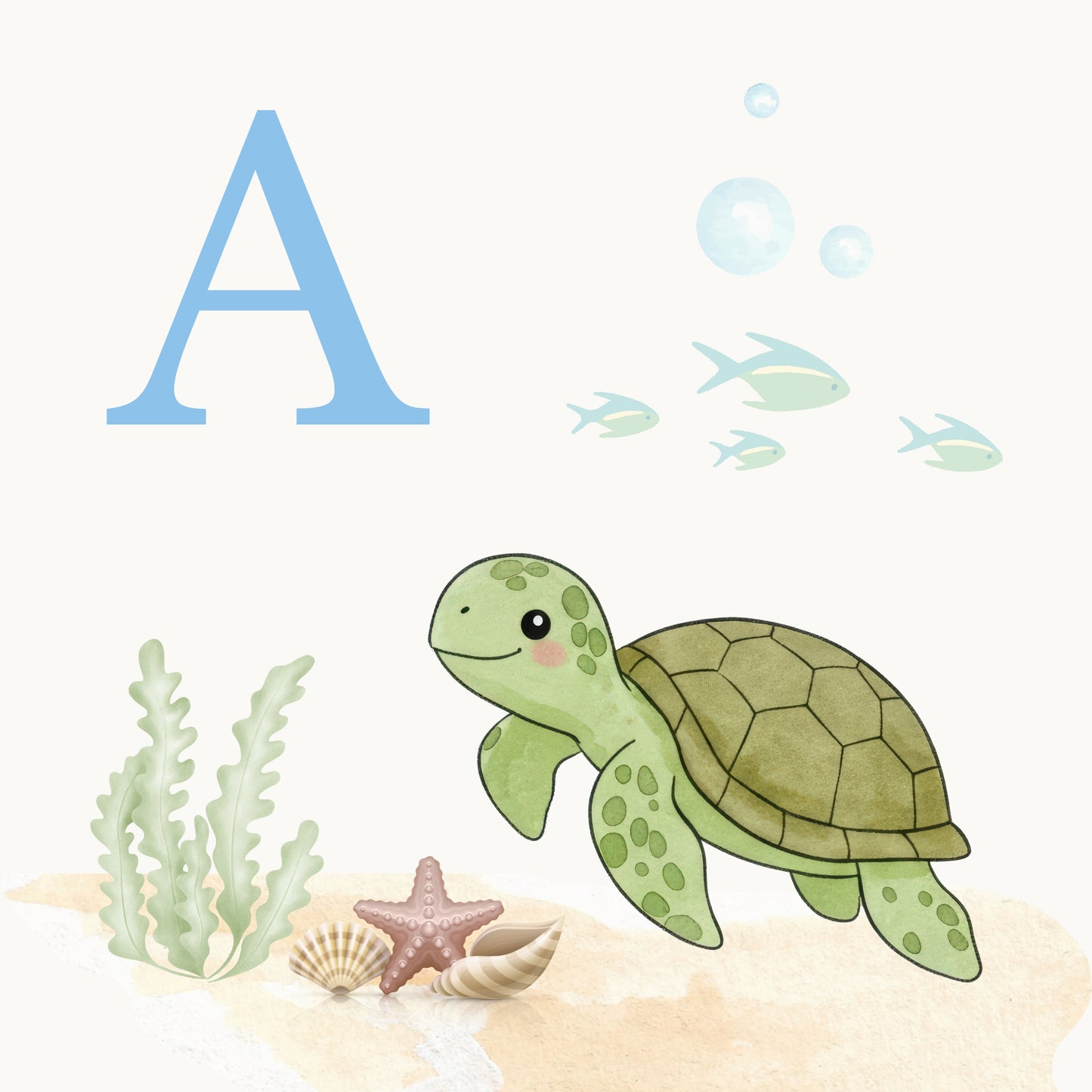 Sea Turtle Coastal Alphabet Printable Art - Blue