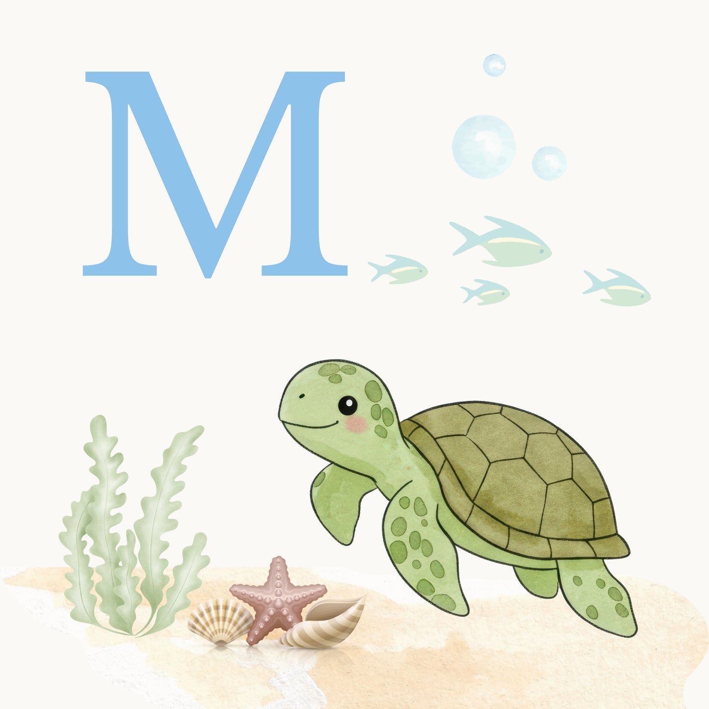 Sea Turtle Coastal Alphabet Printable Art - Blue