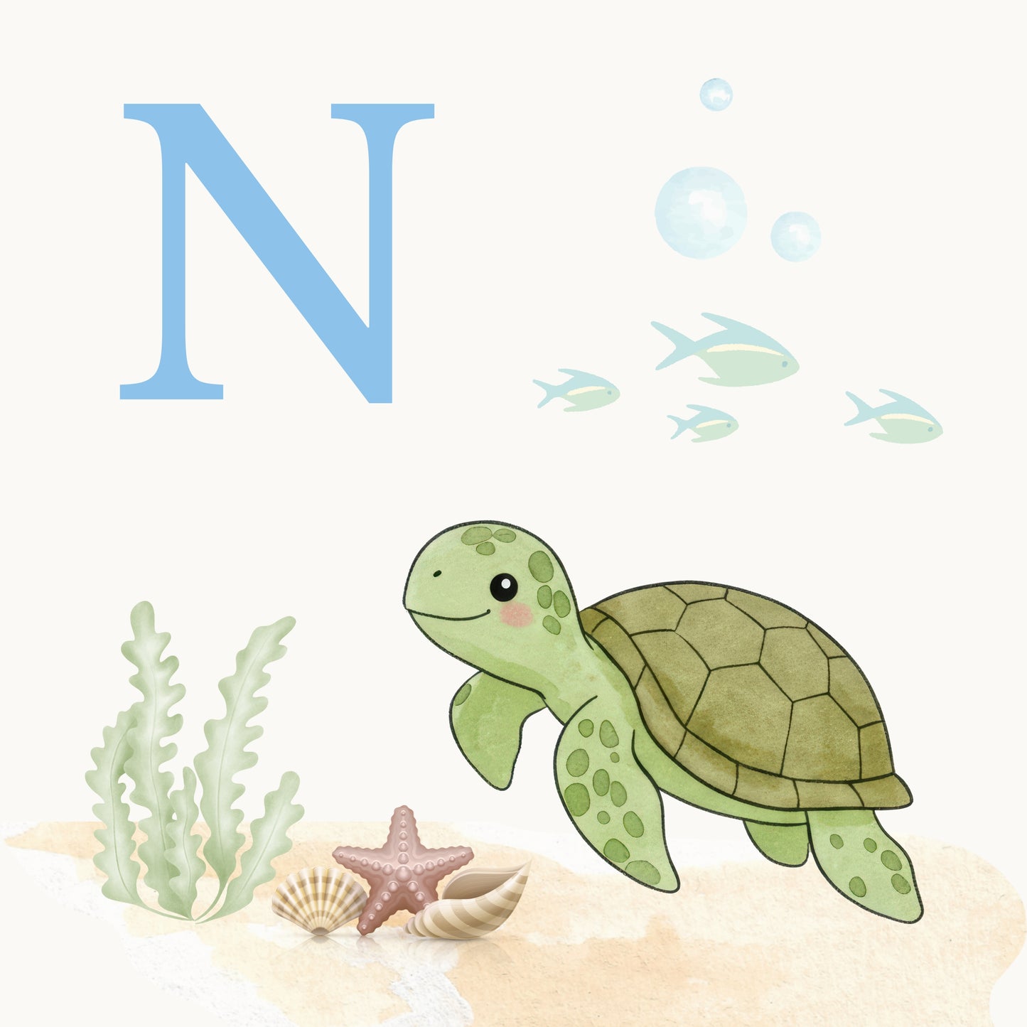 Sea Turtle Coastal Alphabet Printable Art - Blue