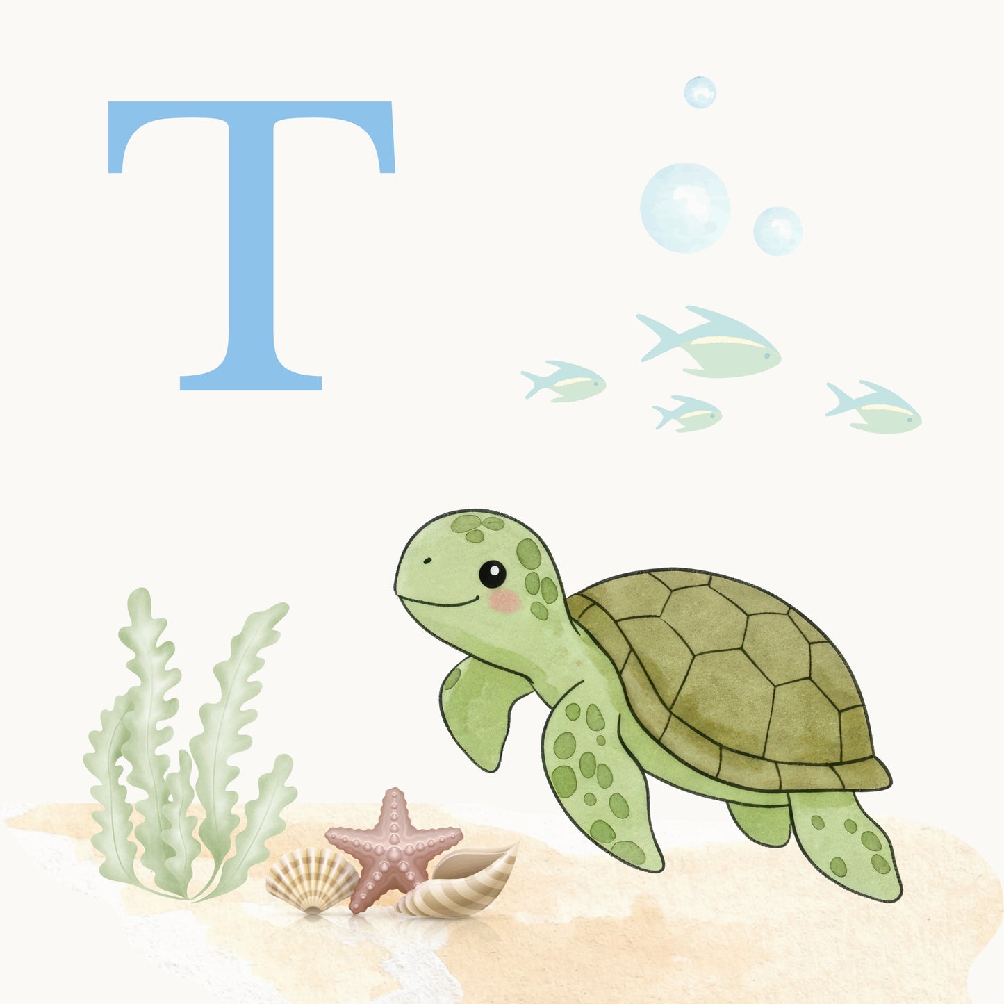 Sea Turtle Coastal Alphabet Printable Art - Blue