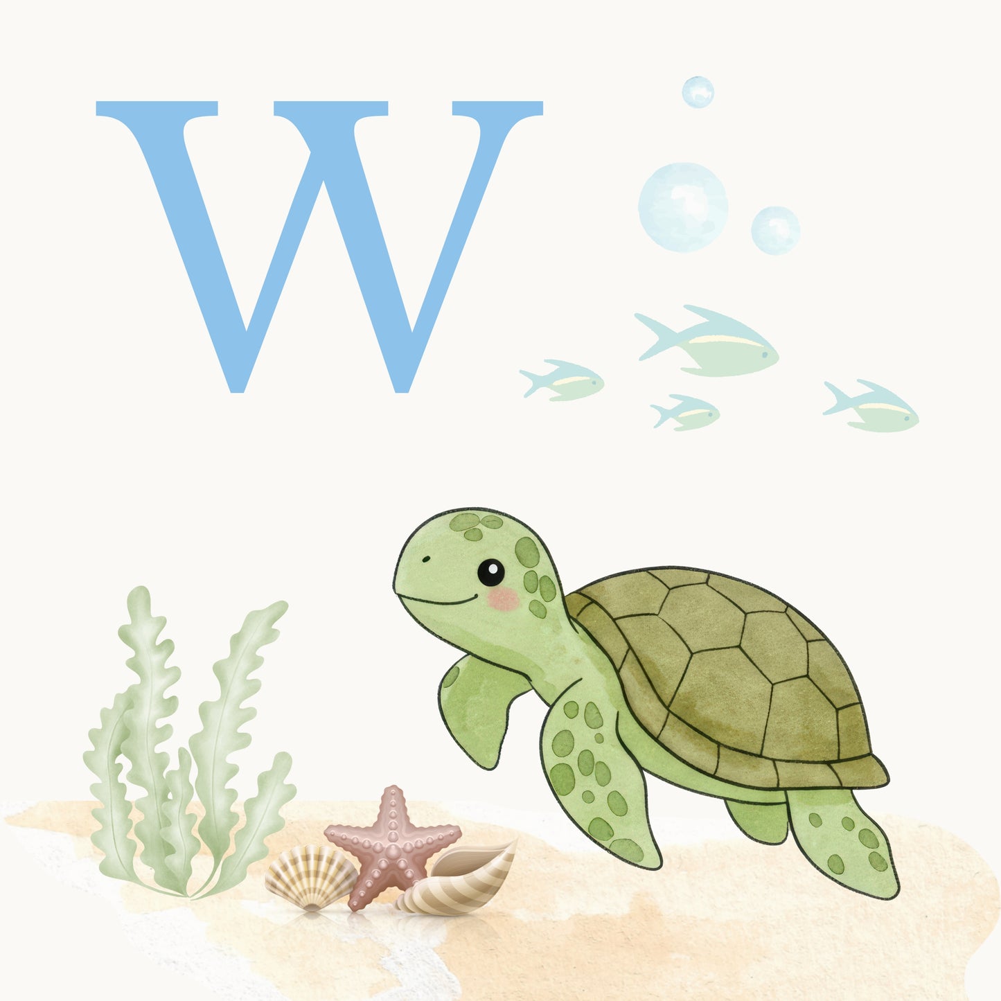 Sea Turtle Coastal Alphabet Printable Art - Blue