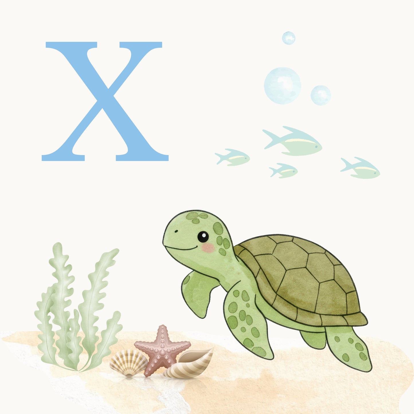 Sea Turtle Coastal Alphabet Printable Art - Blue