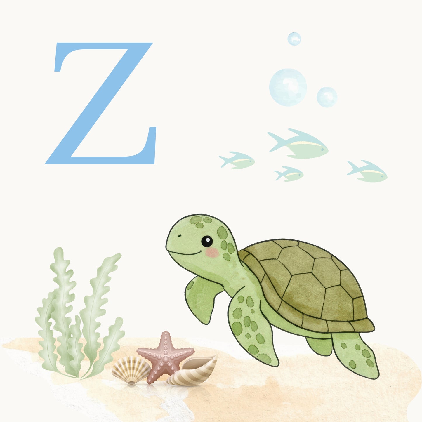 Sea Turtle Coastal Alphabet Printable Art - Blue