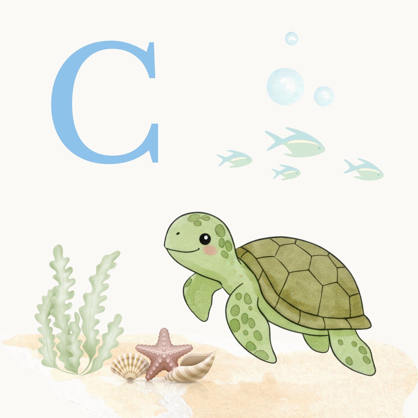 Sea Turtle Coastal Alphabet Printable Art - Blue