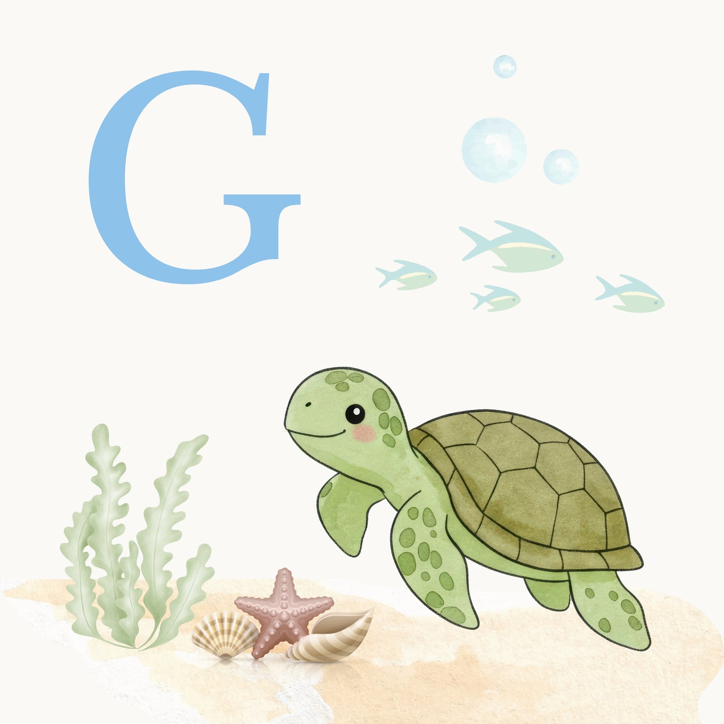 Sea Turtle Coastal Alphabet Printable Art - Blue