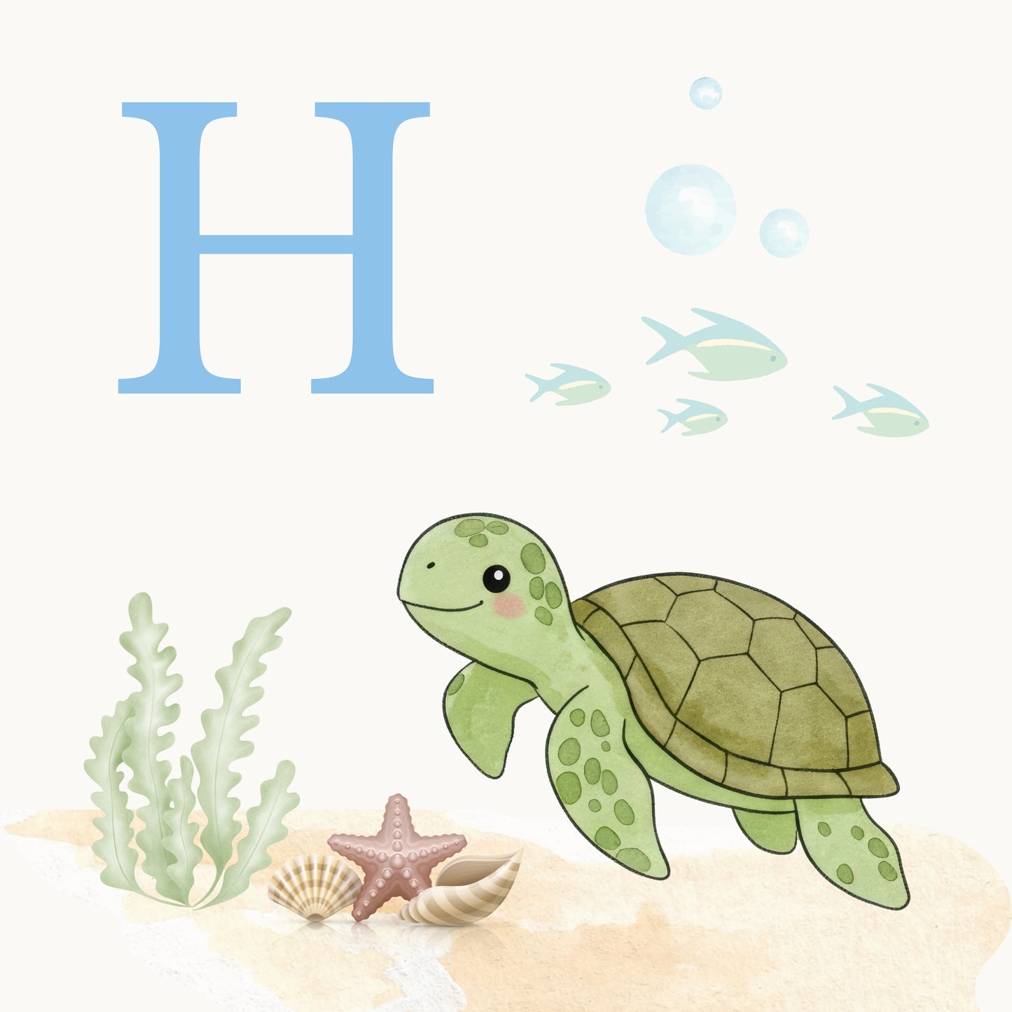 Sea Turtle Coastal Alphabet Printable Art - Blue