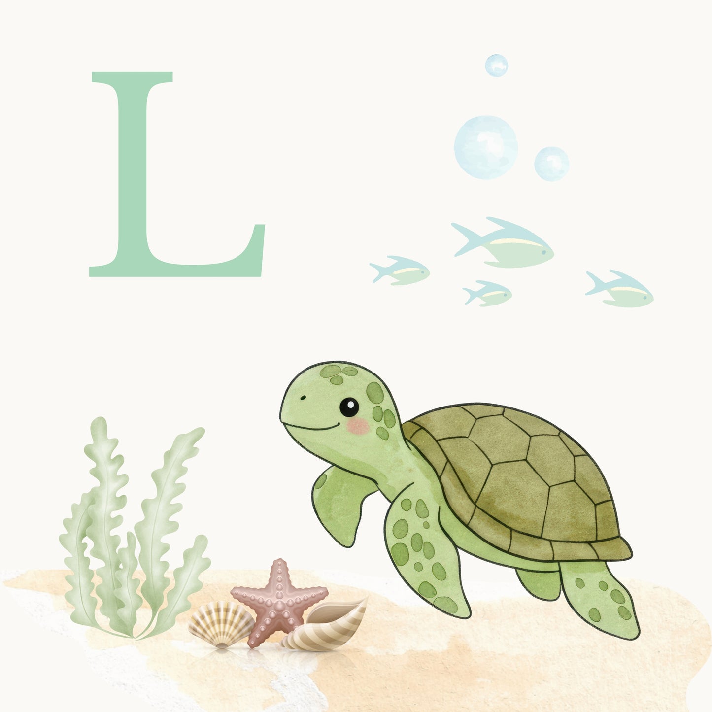 Sea Turtle Coastal Alphabet Printable Art - Green