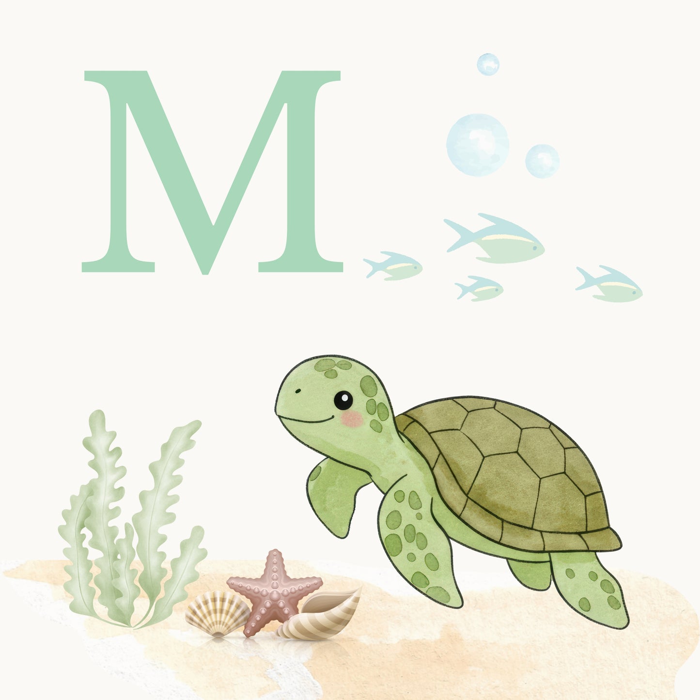 Sea Turtle Coastal Alphabet Printable Art - Green