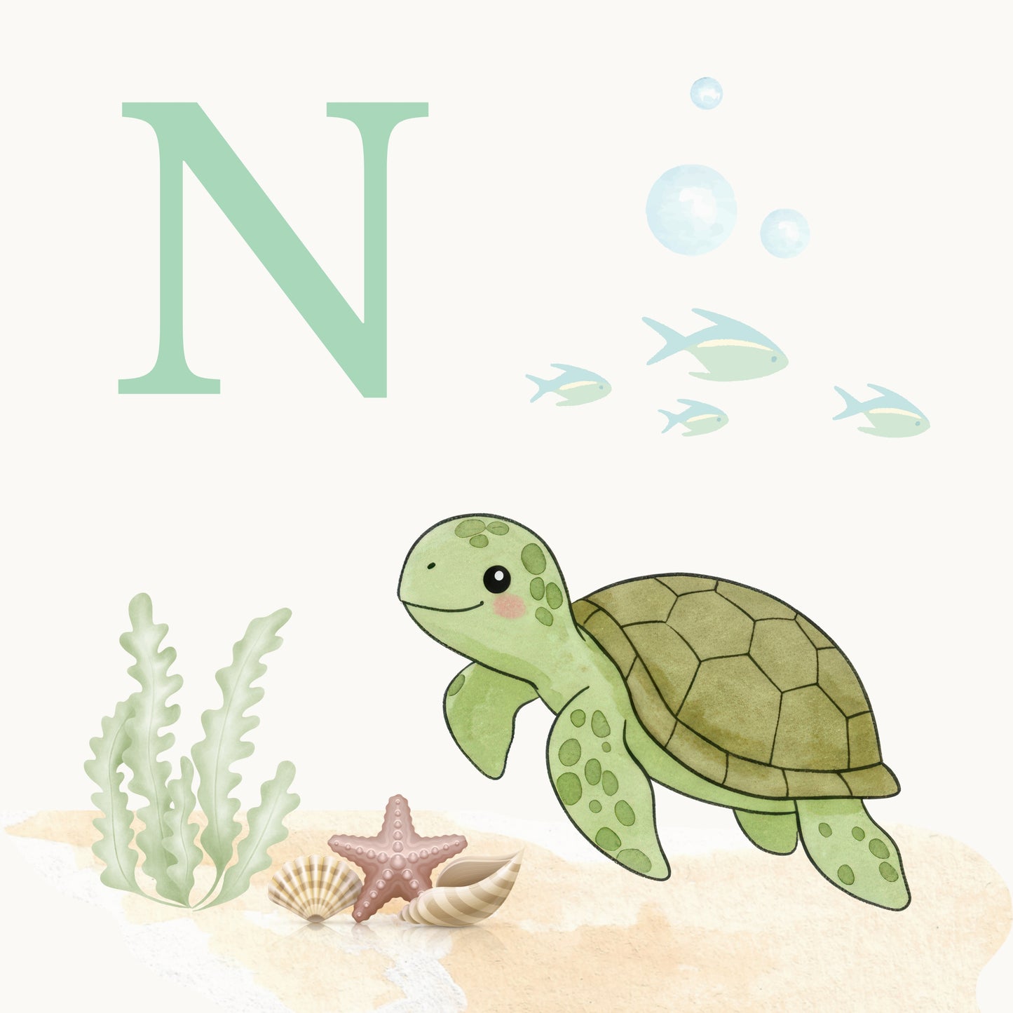 Sea Turtle Coastal Alphabet Printable Art - Green