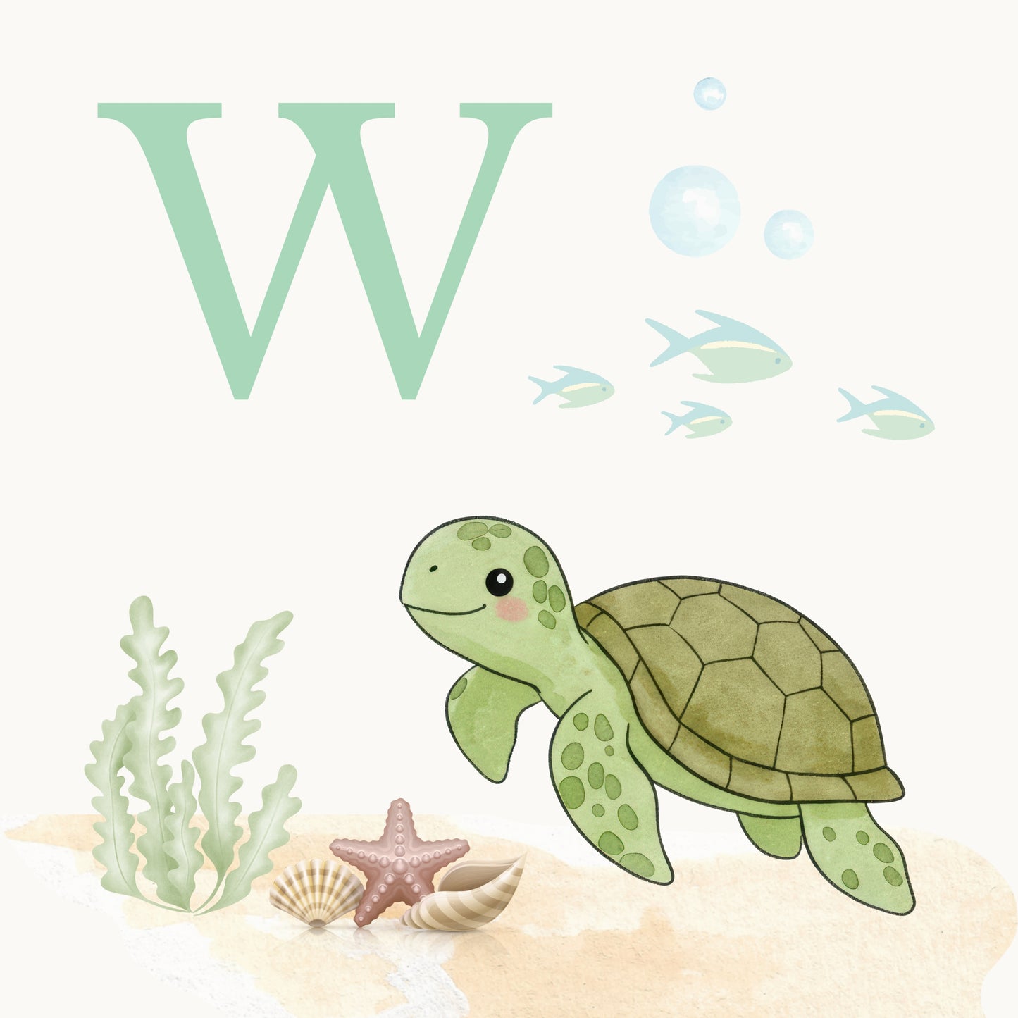 Sea Turtle Coastal Alphabet Printable Art - Green