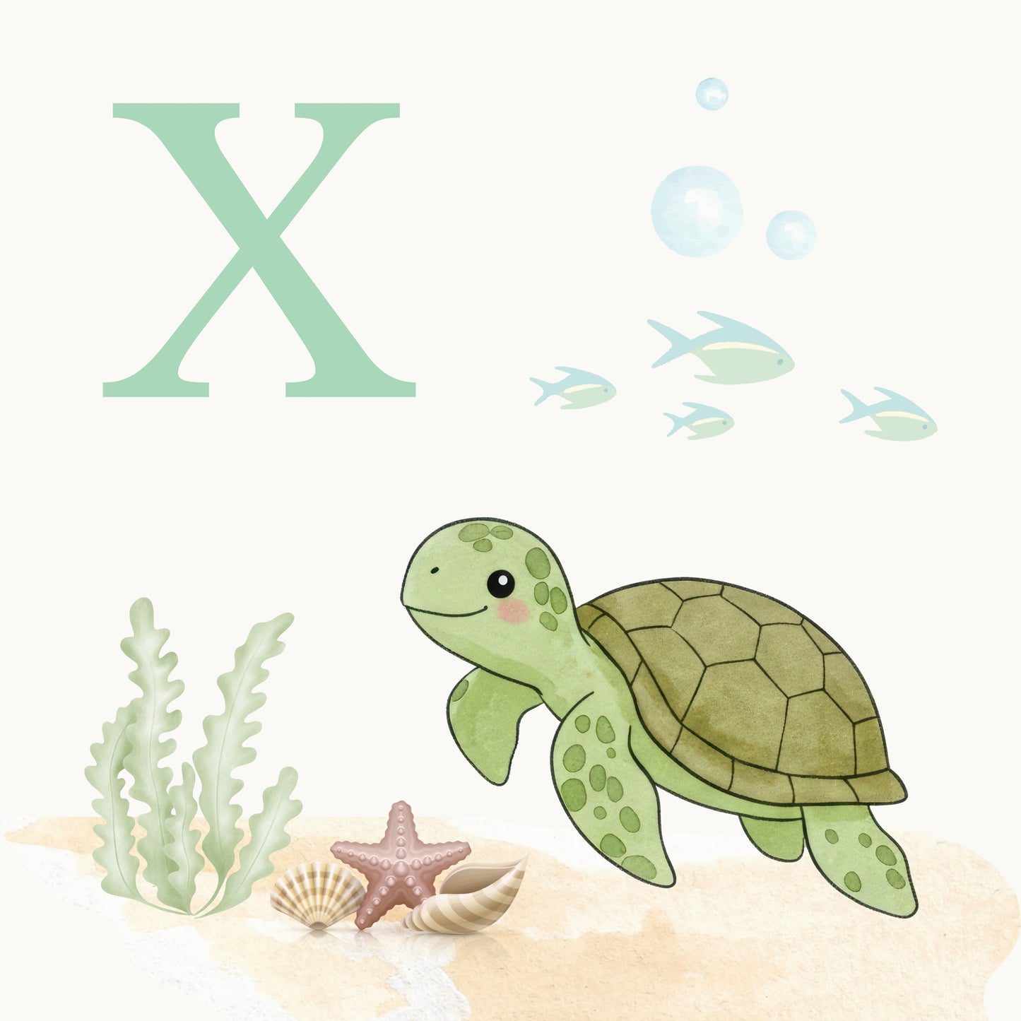 Sea Turtle Coastal Alphabet Printable Art - Green