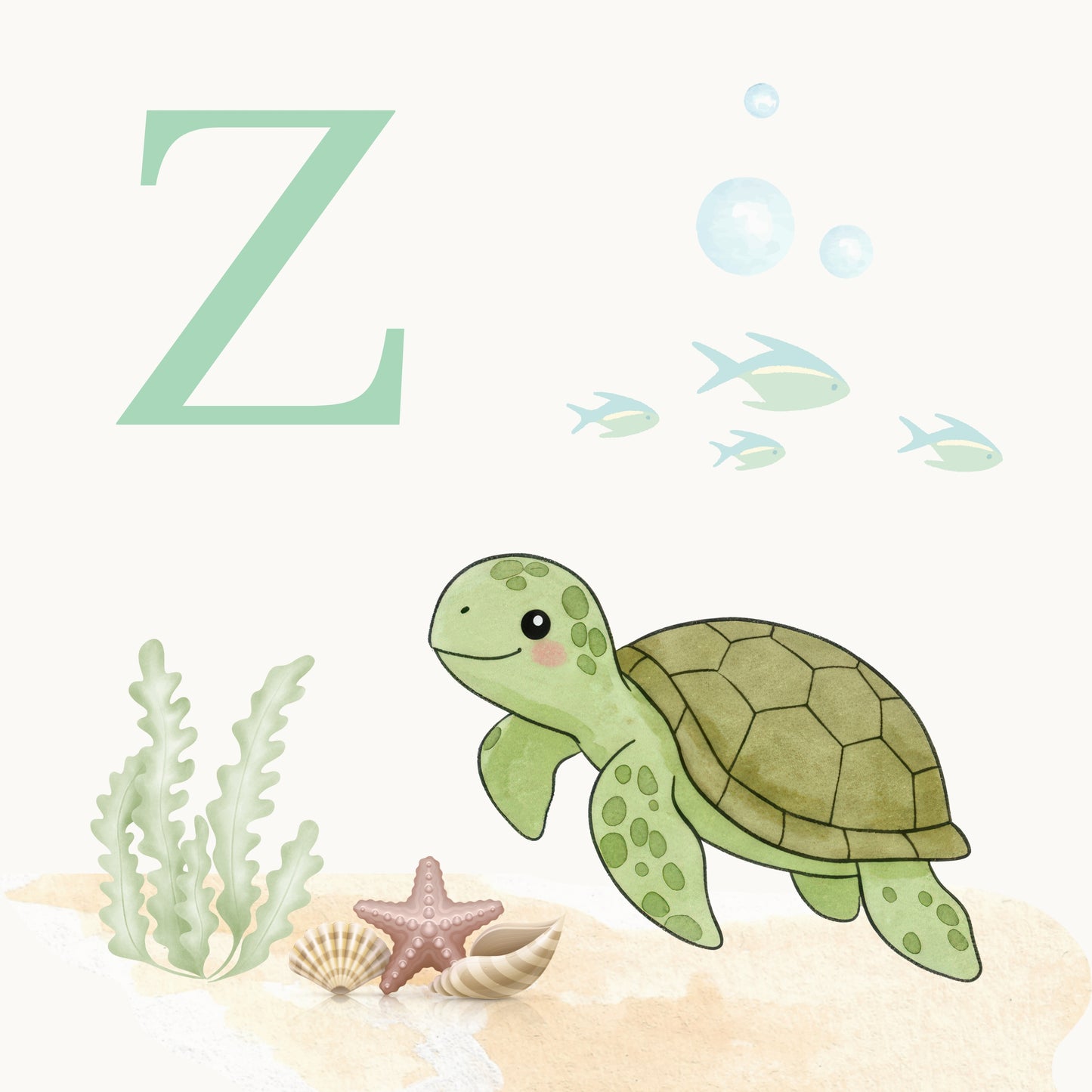 Sea Turtle Coastal Alphabet Printable Art - Green