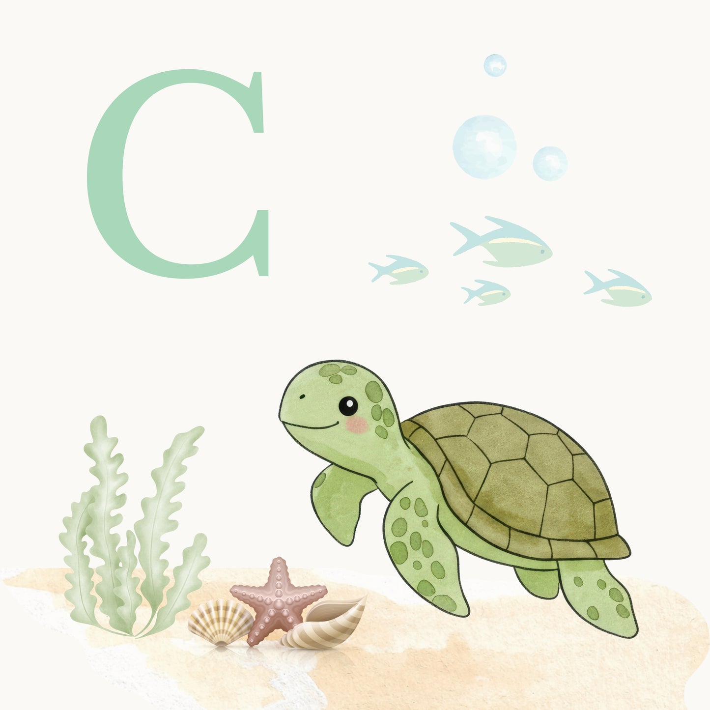 Sea Turtle Coastal Alphabet Printable Art - Green