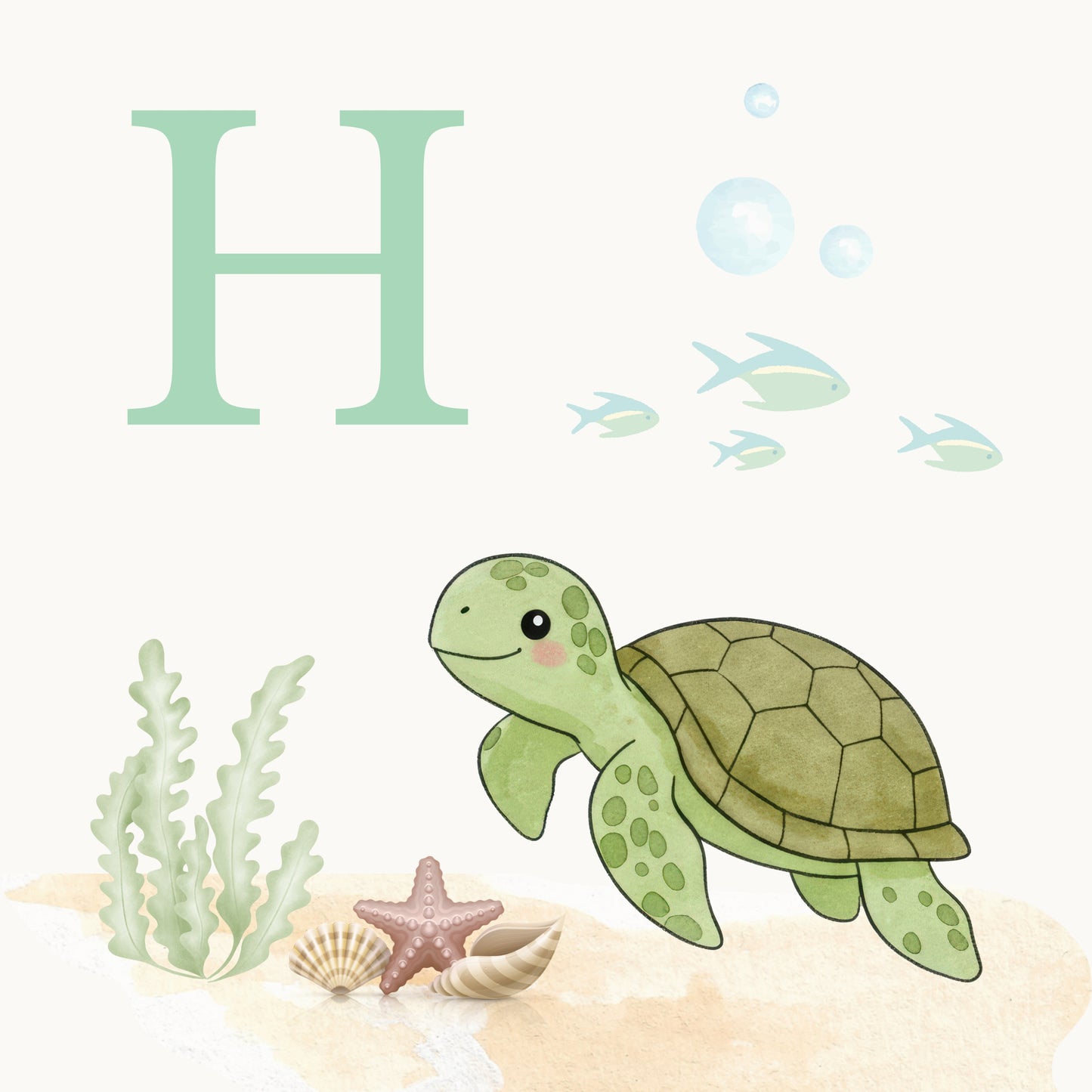 Sea Turtle Coastal Alphabet Printable Art - Green