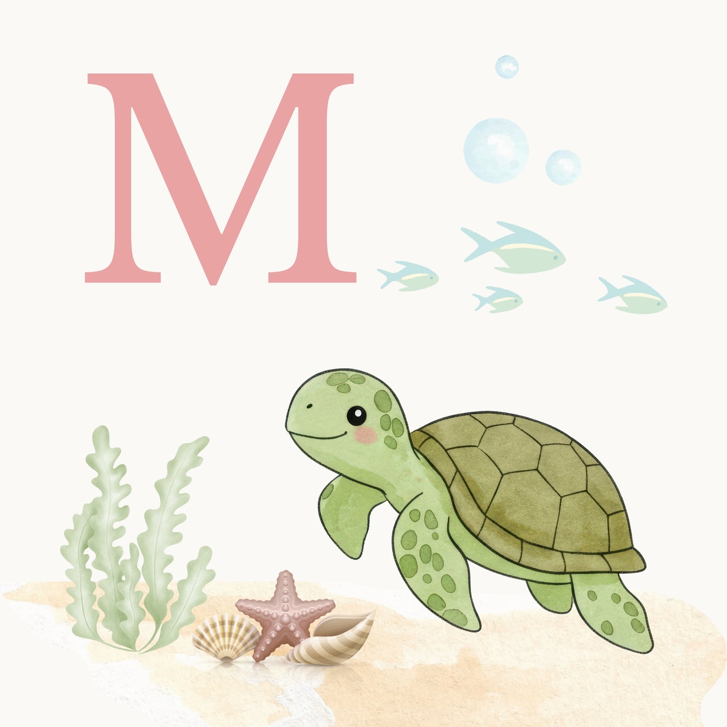 Sea Turtle Coastal Alphabet Printable Art - Pink