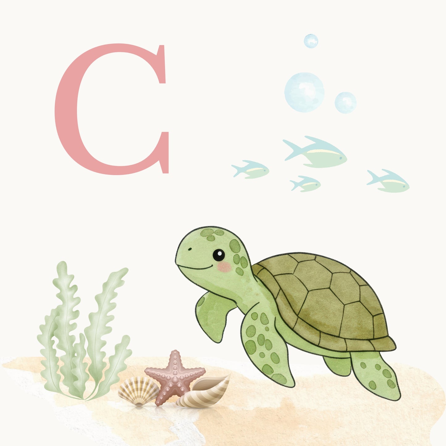 Sea Turtle Coastal Alphabet Printable Art - Pink