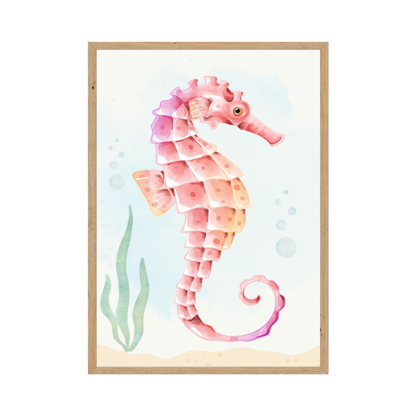 Framed Watercolor seahorse printable wall art with soft coastal colors, ocean-themed digital download for beach house or coastal nursery decor.