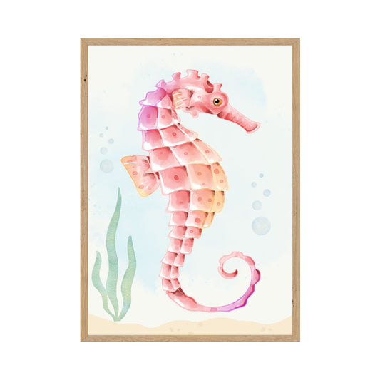 Framed Watercolor seahorse printable wall art with soft coastal colors, ocean-themed digital download for beach house or coastal nursery decor.