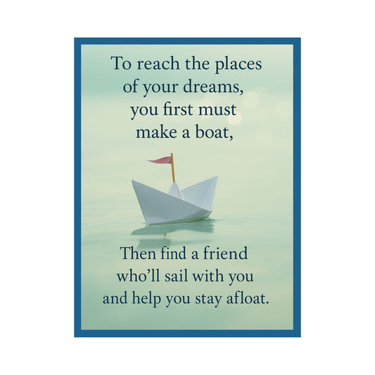 Framed coastal quote art with soft watercolor style: “Find a friend who’ll sail with you and help you stay afloat.” Digital download for beach or nursery decor.