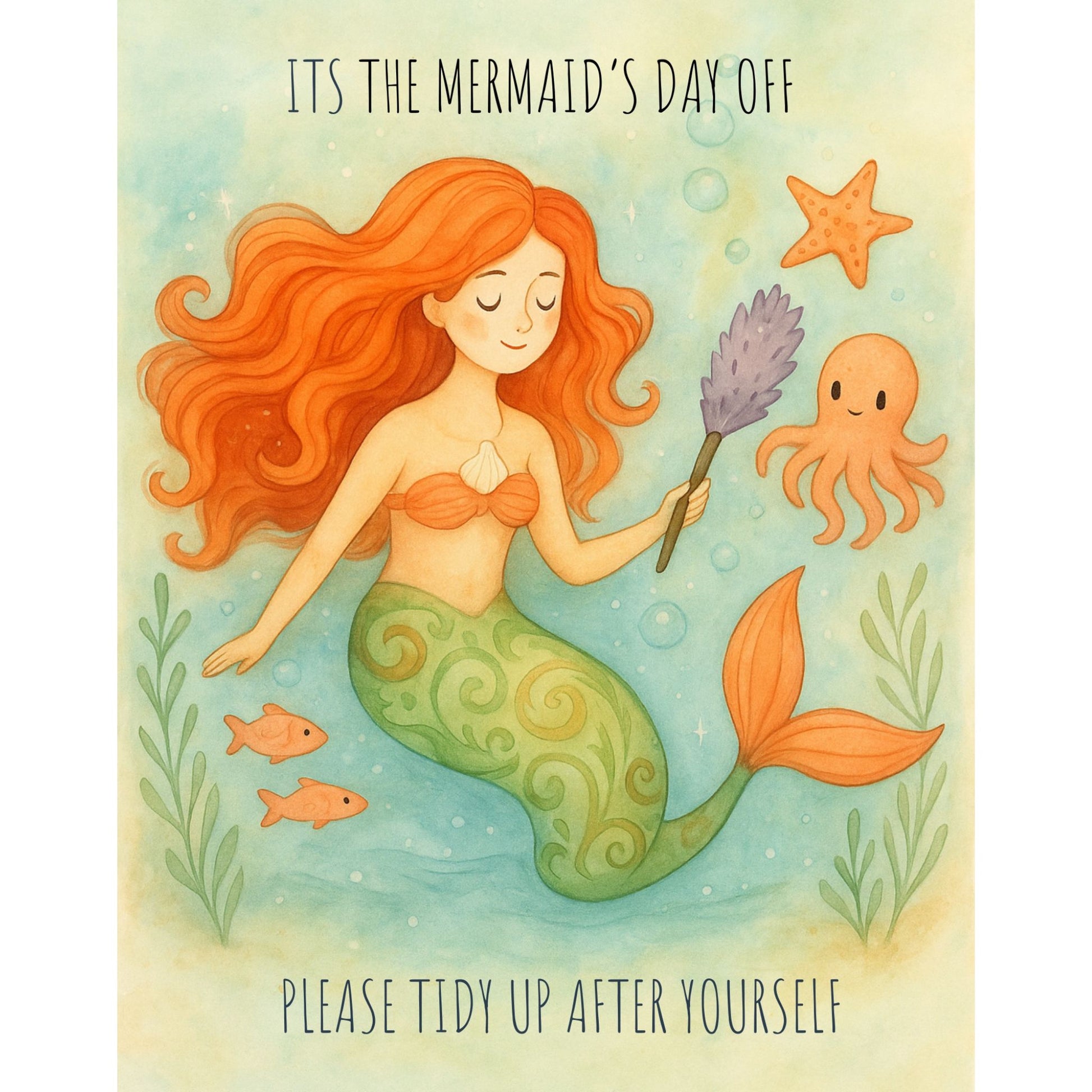 Mermaid Day Off printable wall art featuring a red-haired mermaid with sea creatures, coastal digital download for beach house or ocean-themed decor.
