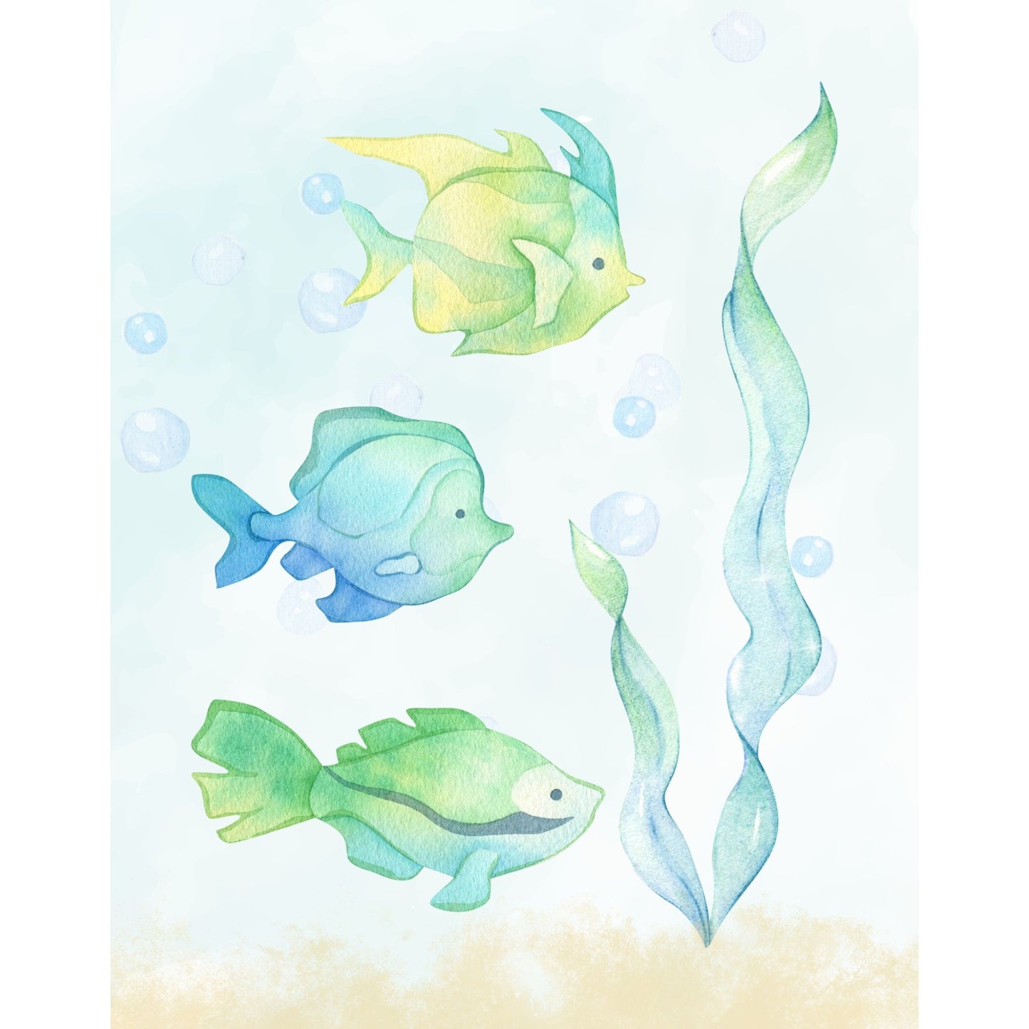 Watercolor coastal fish wall art with three colorful tropical fish, ocean bubbles, and sea grass. Digital download for coastal decor or kids’ spaces.