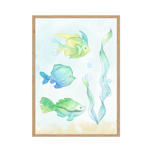 Framed Watercolor coastal fish wall art with three colorful tropical fish, ocean bubbles, and sea grass. Digital download for coastal decor or kids’ spaces.