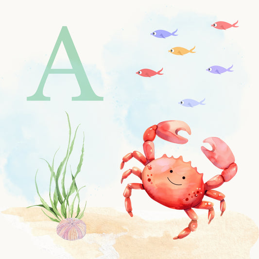 Crab Coastal Alphabet Printable Art - Green
