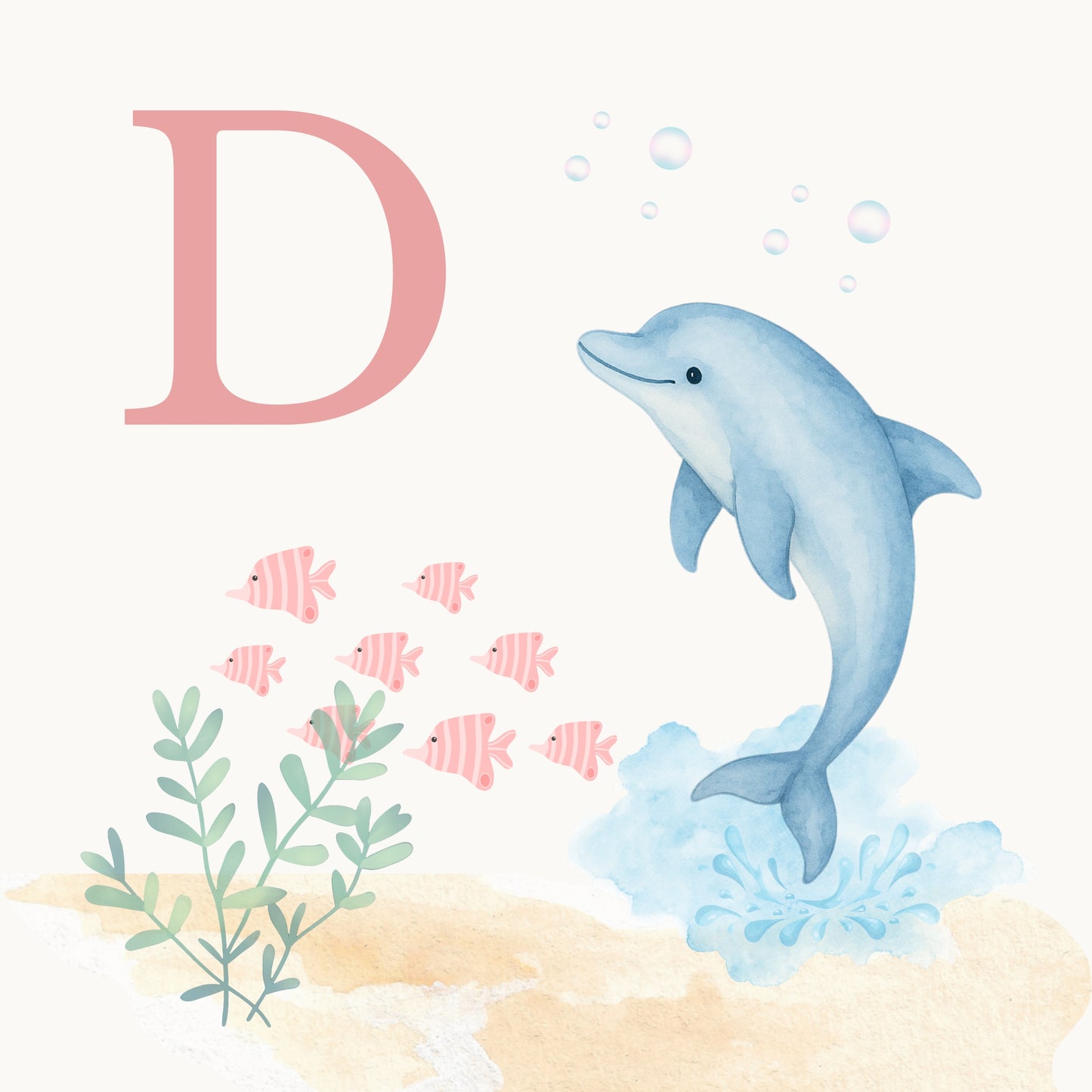 Dolphin Coastal Alphabet Printable Art - Pink