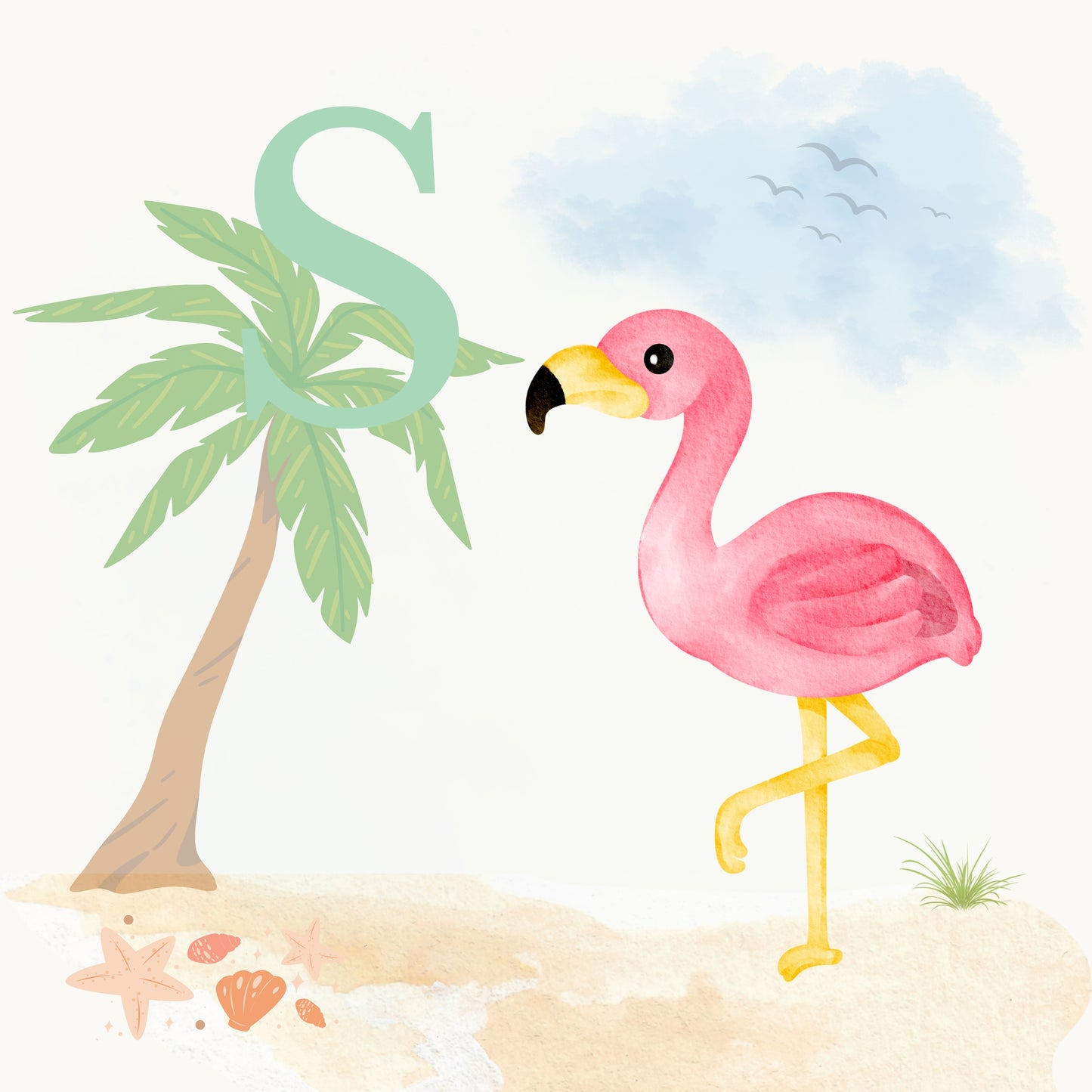Flamingo Coastal Alphabet Printable Art - Green