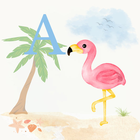 Flamingo Coastal Alphabet Printable Art - Blue