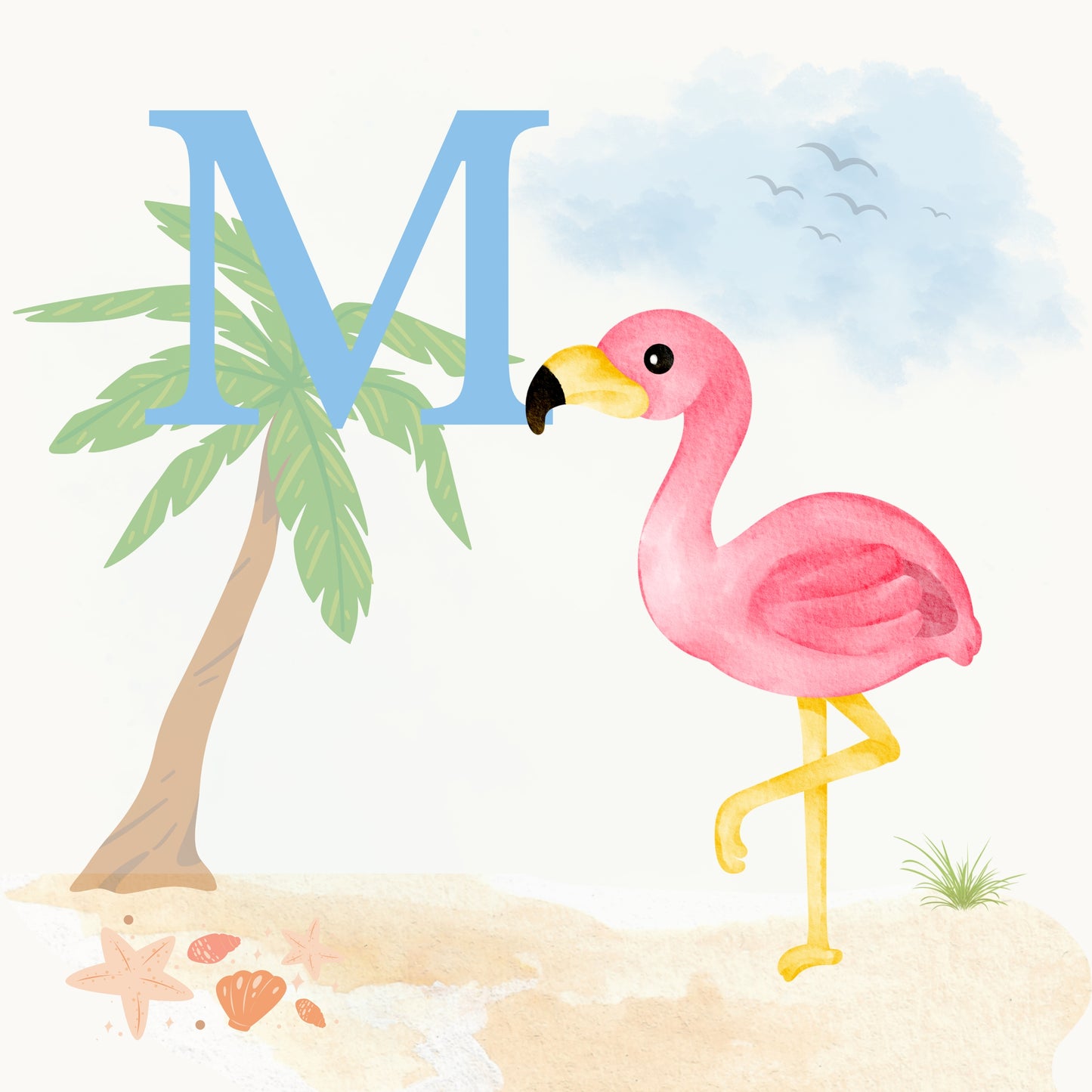 Flamingo Coastal Alphabet Printable Art - Blue