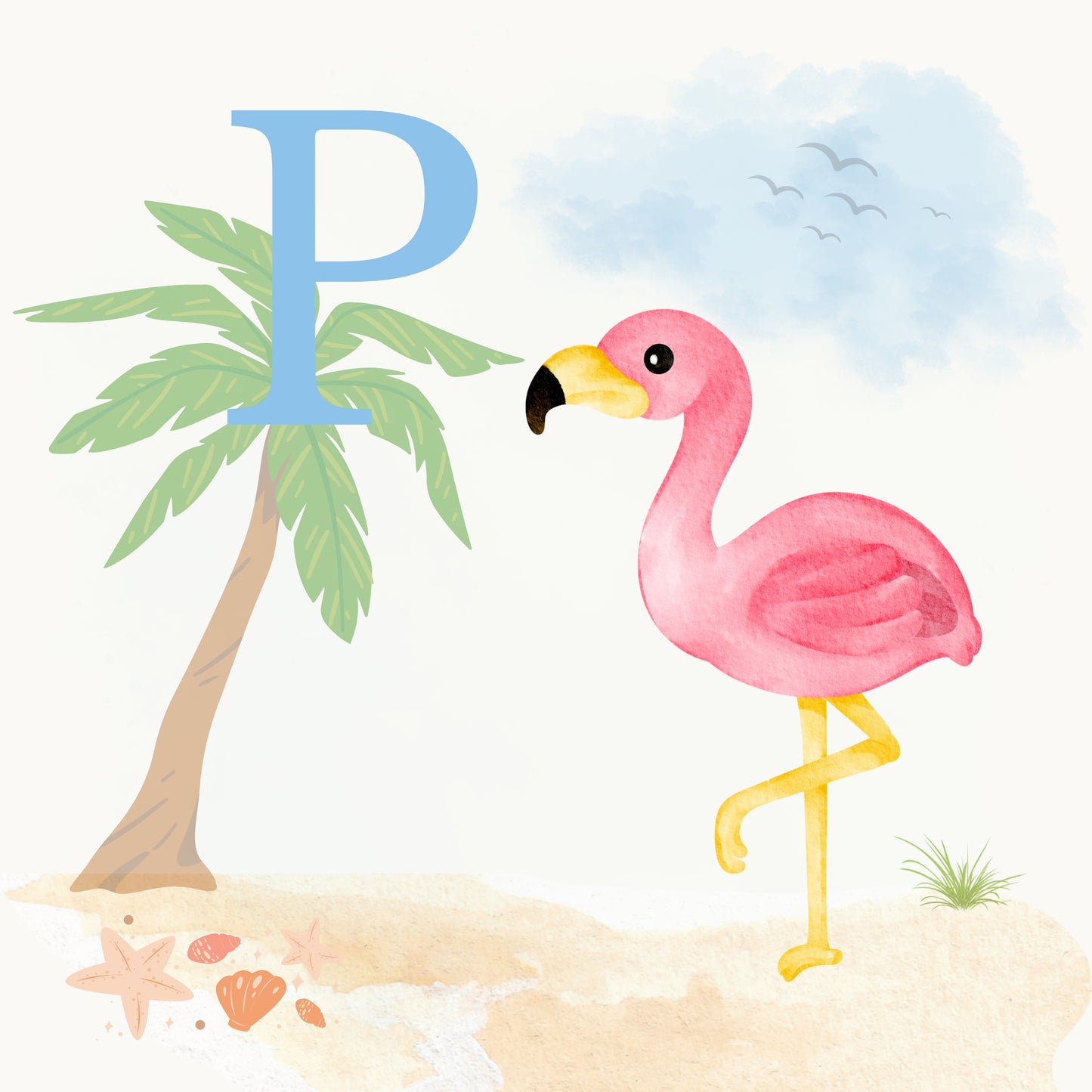 Flamingo Coastal Alphabet Printable Art - Blue