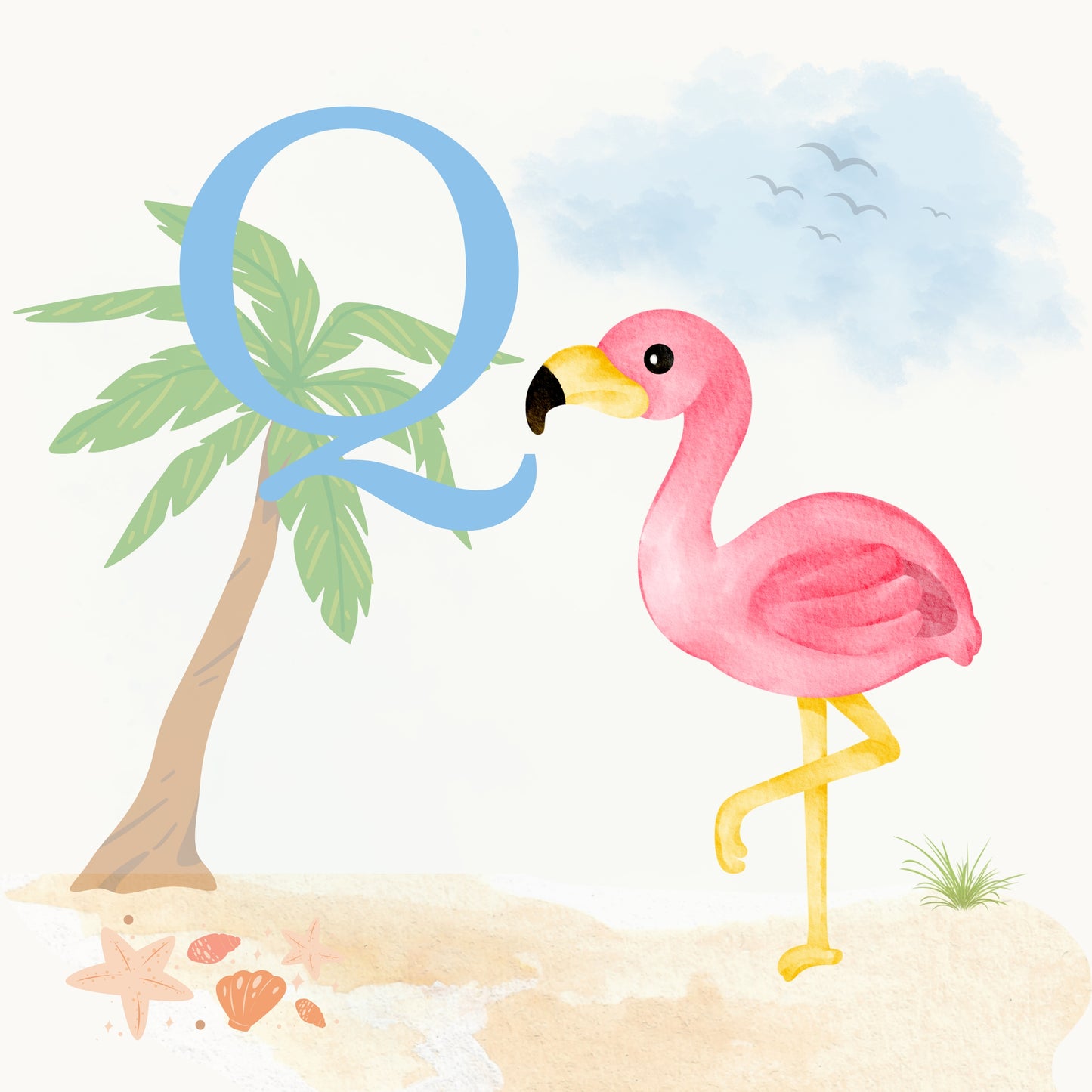 Flamingo Coastal Alphabet Printable Art - Blue