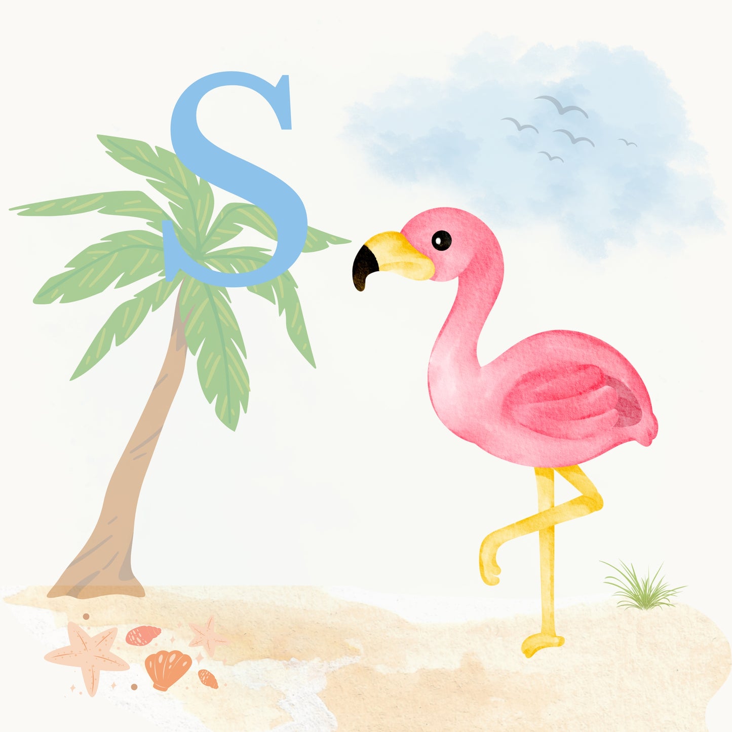 Flamingo Coastal Alphabet Printable Art - Blue