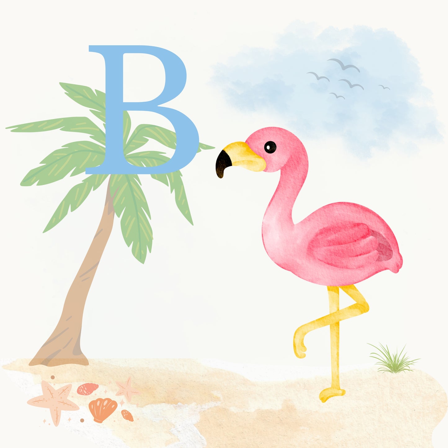 Flamingo Coastal Alphabet Printable Art - Blue
