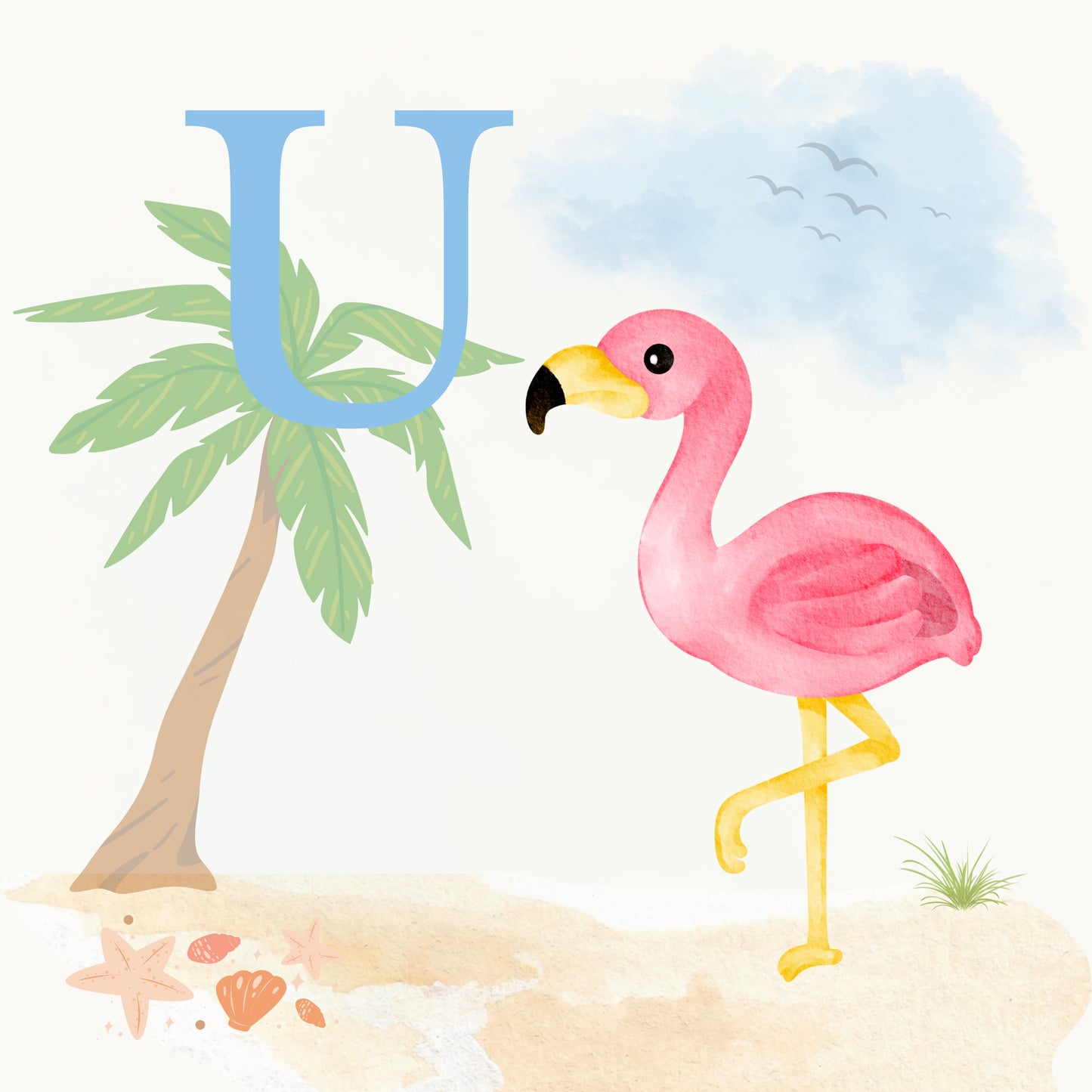 Flamingo Coastal Alphabet Printable Art - Blue
