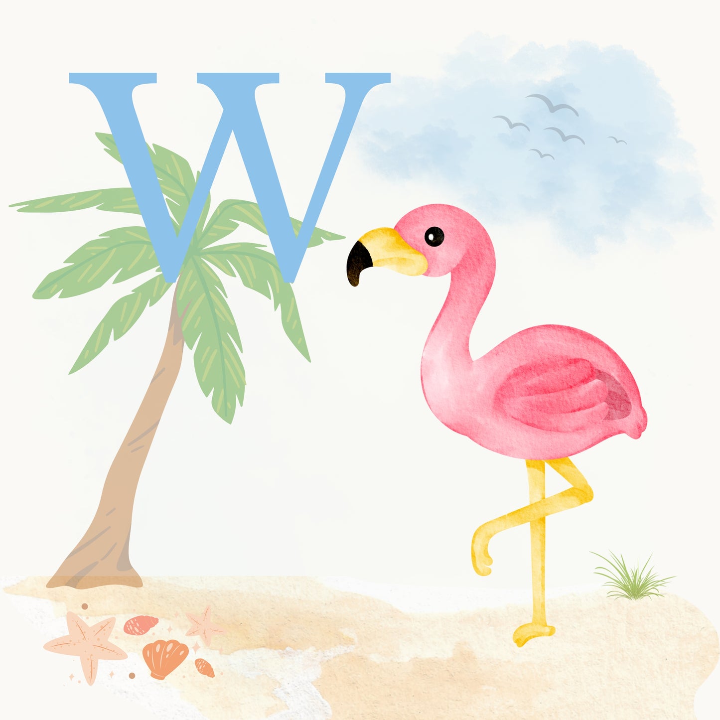 Flamingo Coastal Alphabet Printable Art - Blue