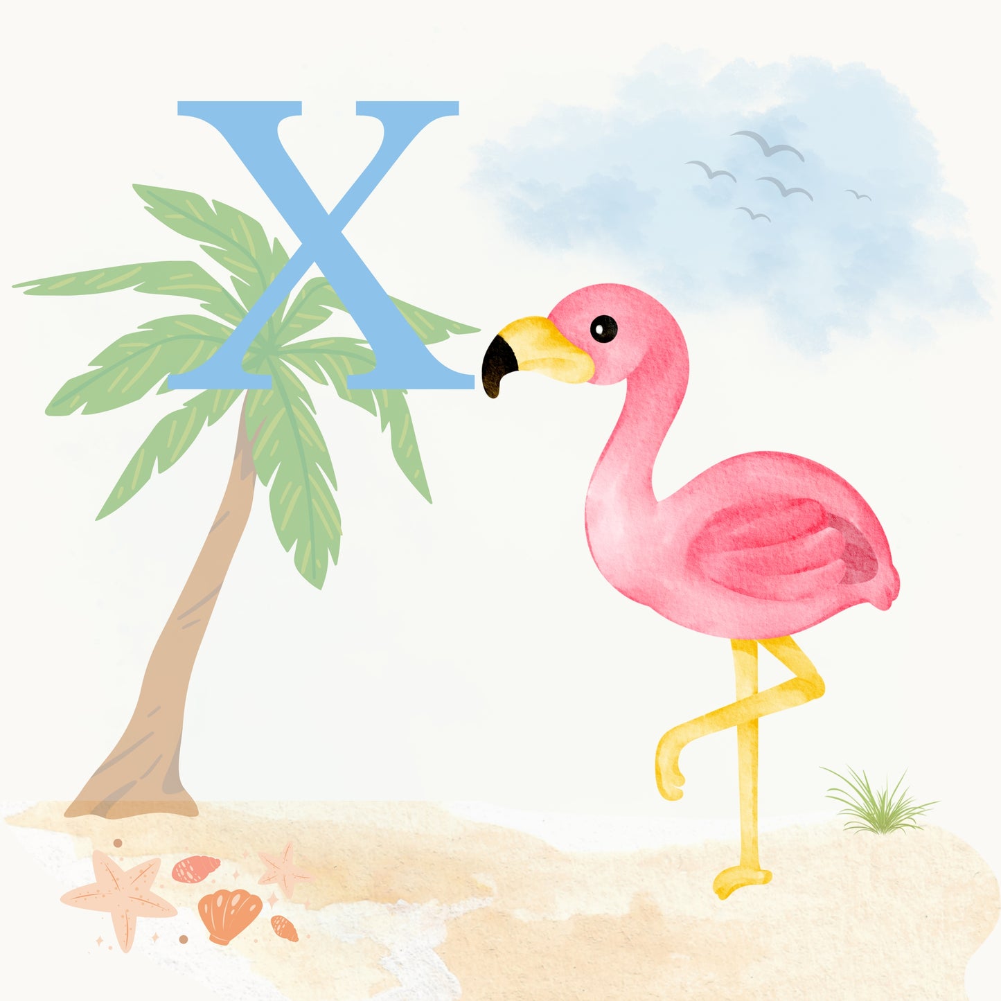 Flamingo Coastal Alphabet Printable Art - Blue