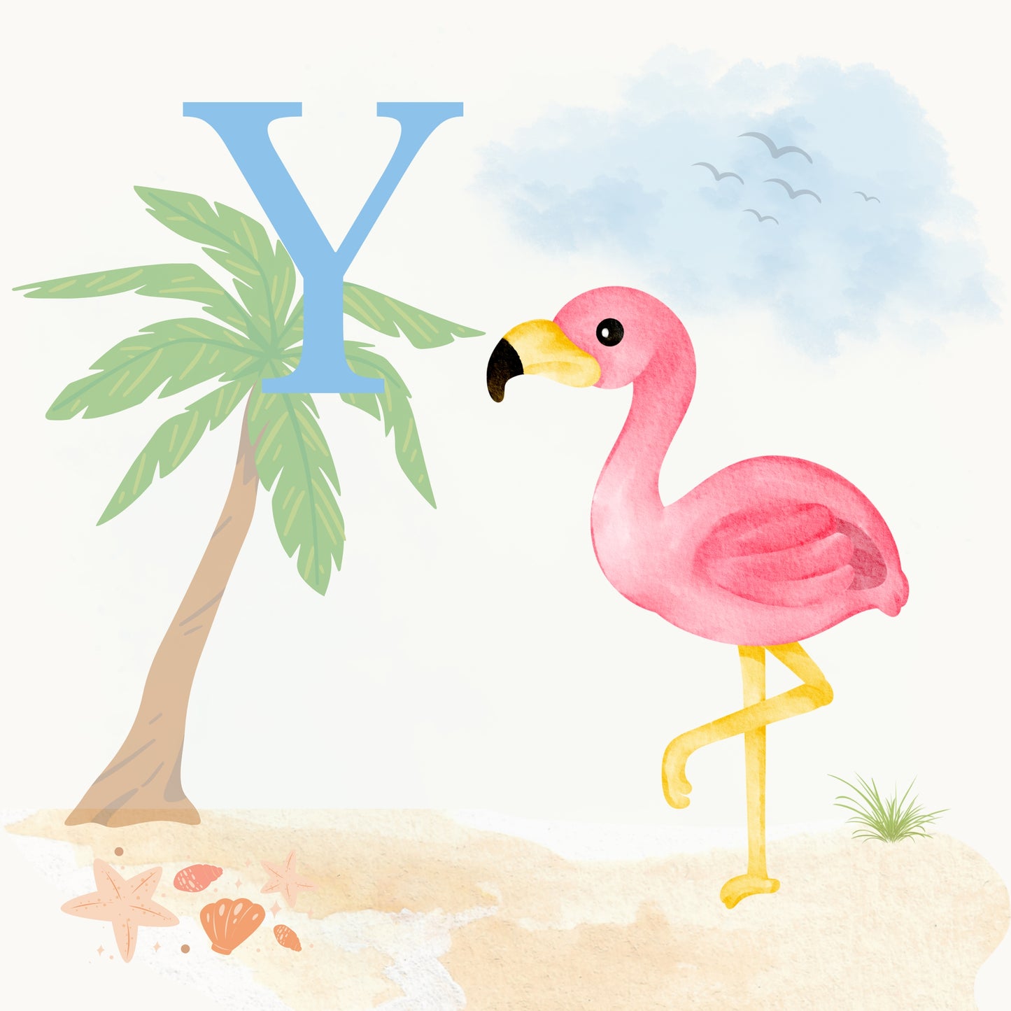 Flamingo Coastal Alphabet Printable Art - Blue