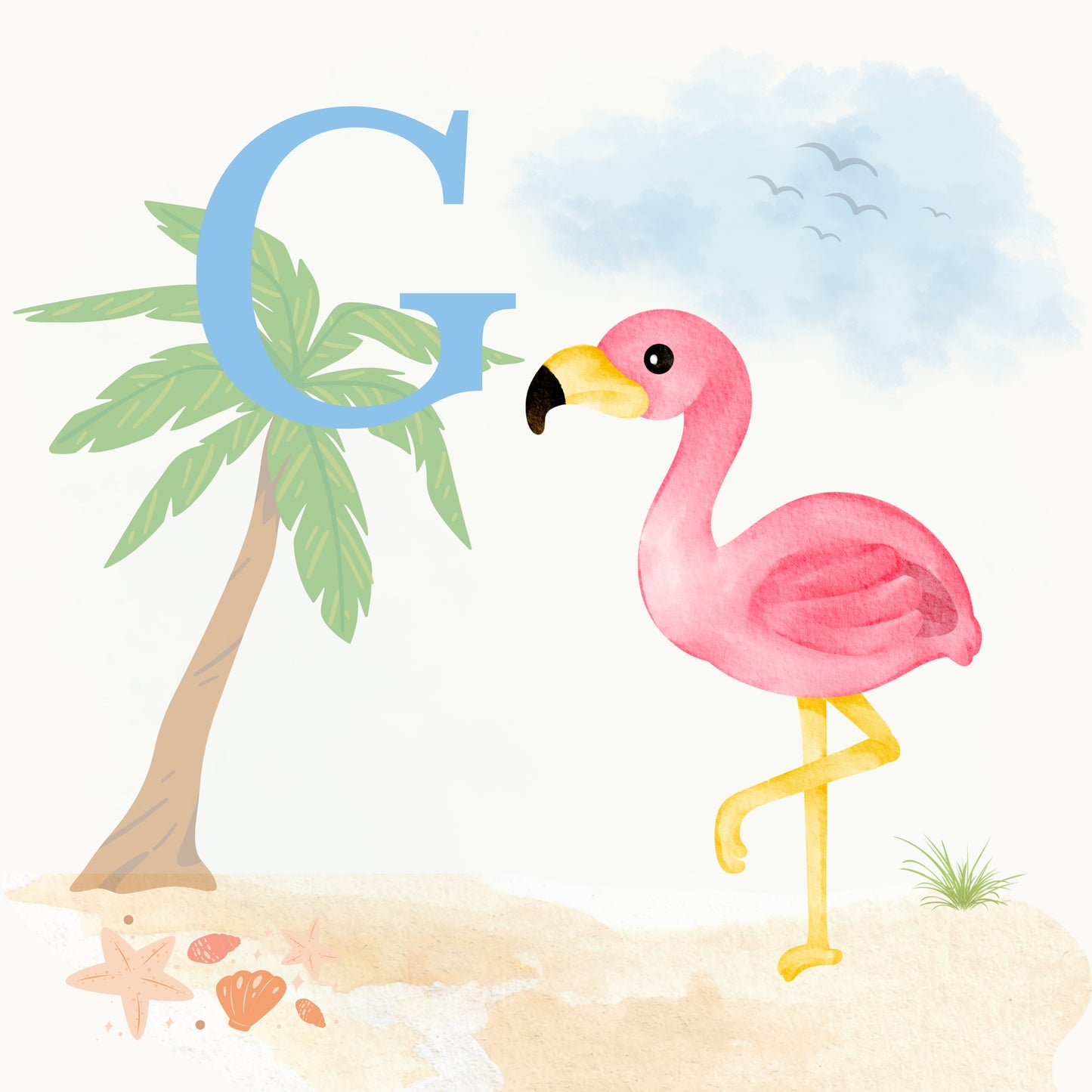 Flamingo Coastal Alphabet Printable Art - Blue
