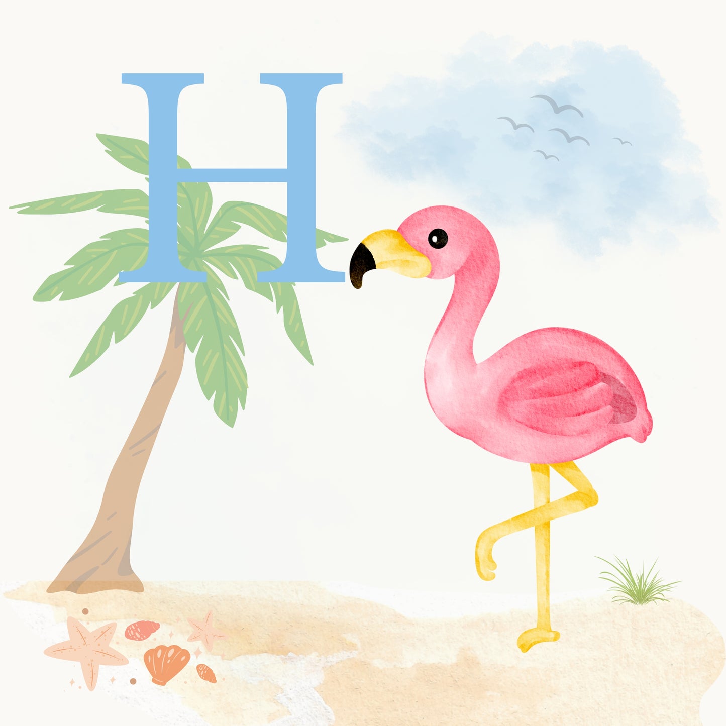 Flamingo Coastal Alphabet Printable Art - Blue