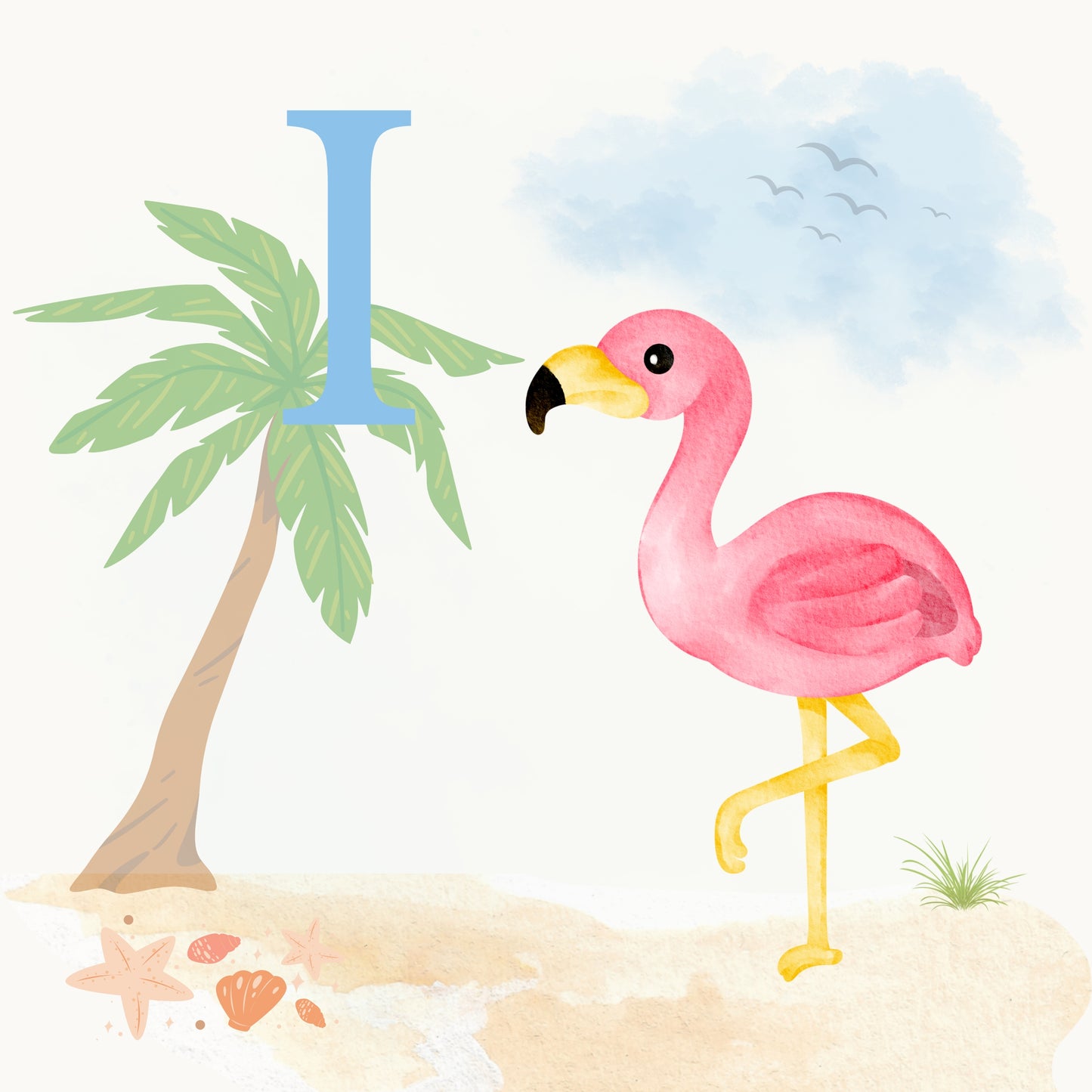 Flamingo Coastal Alphabet Printable Art - Blue