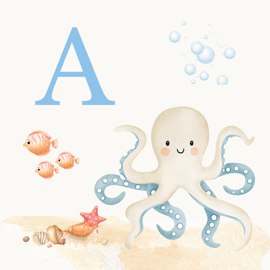 Octopus Coastal Alphabet Printable Art - Blue