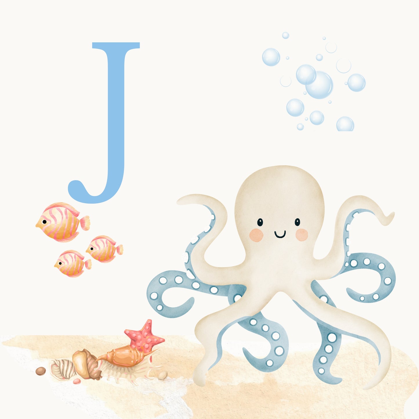 Octopus Coastal Alphabet Printable Art - Blue