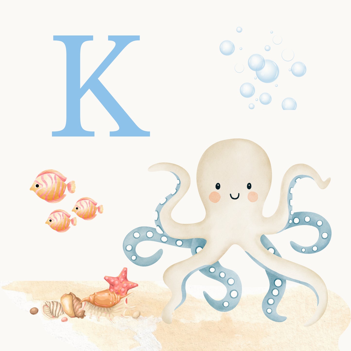 Octopus Coastal Alphabet Printable Art - Blue