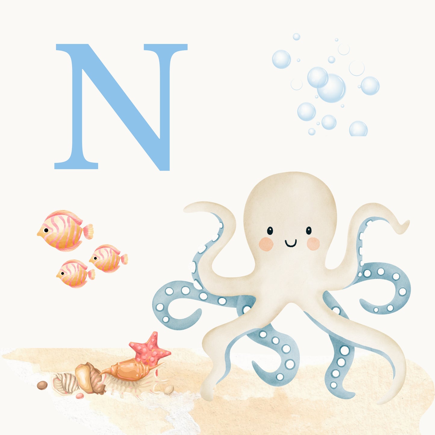 Octopus Coastal Alphabet Printable Art - Blue