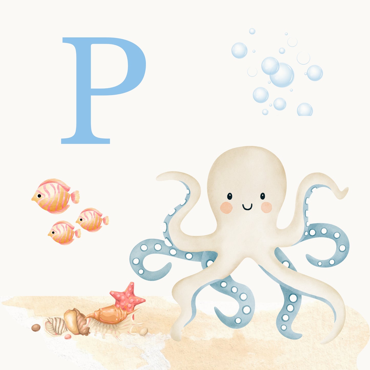 Octopus Coastal Alphabet Printable Art - Blue